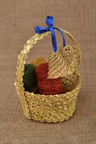 Beautiful small handmade decorative woven straw basket with bells - MADEheart.com