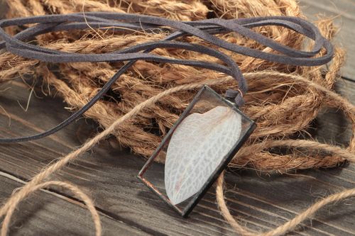 Homemade tin and glass neck pendant with real flower petal inside on cord - MADEheart.com