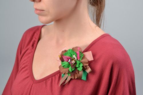 Handmade brown and green hair clip brooch with foamiran flowers and ribbon  - MADEheart.com