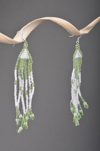 Handmade tender green and white long beaded earrings with fringe for romantic girl - MADEheart.com