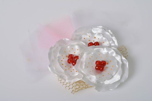 Beautiful hairpin with flowers handmade satin white with red hair accessory - MADEheart.com