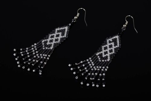 Stylish handmade designer black and white long earrings with beaded fringe in ethnic style - MADEheart.com