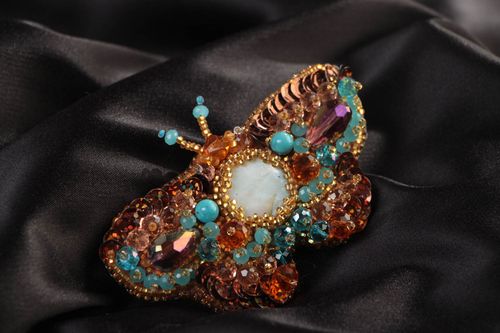 Handmade brown brooch with bead embroidery and nacre Large Butterfly - MADEheart.com