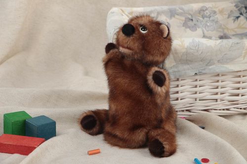 Handmade soft glove toy sewn of brown faux fur bear cub for puppet theater - MADEheart.com