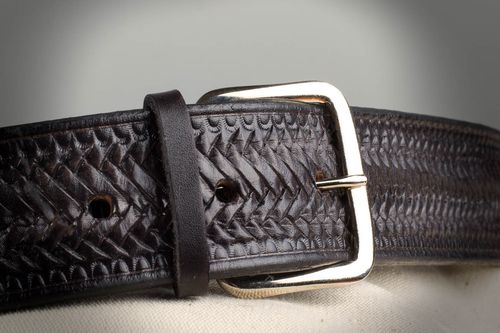 Handmade black natural leather belt with metal buckle and embossing for men - MADEheart.com