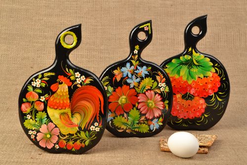 Set of homemade wooden cutting boards with Petrikov painting 3 items - MADEheart.com