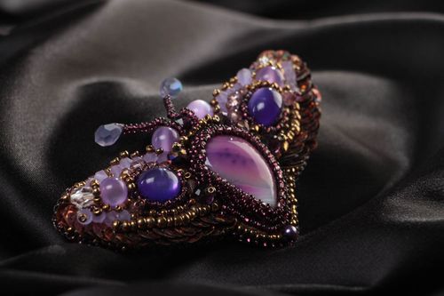 Beautiful handmade brooch embroidered with beads and natural stones Moth - MADEheart.com