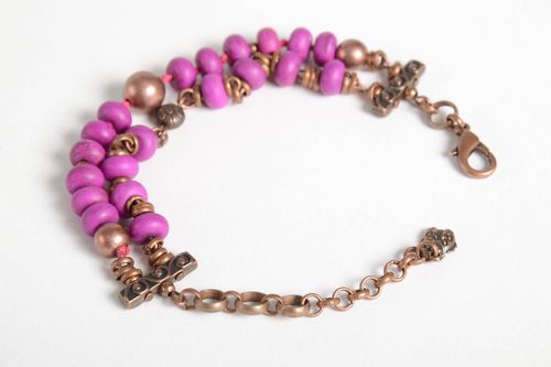 Festive handmade pink beads bracelet gemstone bracelet in two layers for women - MADEheart.com