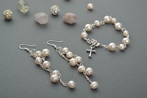 Handmade Schmuck Set Armband Damen Mode Accessoires Edelstein Ohrringe weiß - MADEheart.com