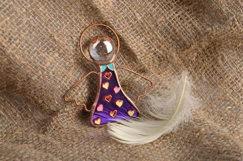 Aimant frigo artisanal éclatant fait main en verre vitrail en forme dange - MADEheart.com