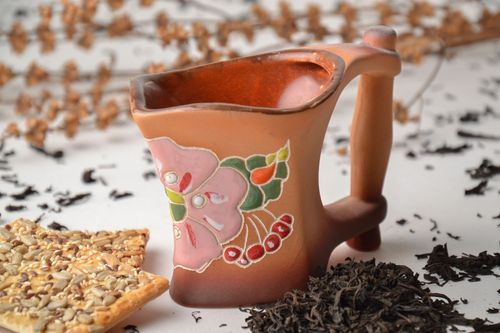 Handmade ceramic square cup with a wide handle and floral pattern with pink flower - MADEheart.com