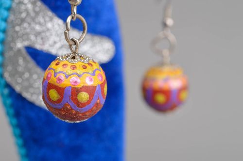 Unusual handmade dangle earrings painted wooden earrings accessories for girls - MADEheart.com