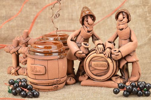 Handmade clay statuette and two cups 75 ml set of 3 brown pottery products - MADEheart.com
