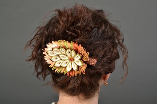 Kanzashi ribbon hair clip Feather of Firebird - MADEheart.com