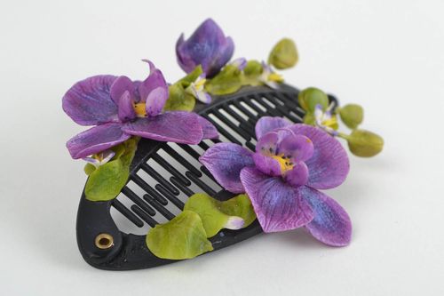 Lilac barrette made of cold porcelain with flowers handmade volume accessory - MADEheart.com