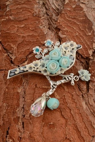 Handmade designer large metal brooch with blue polymer clay flowers Bird - MADEheart.com