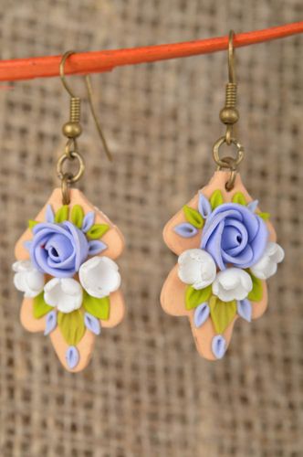 Polymer clay handmade beautiful earrings with flower charms long accessory - MADEheart.com
