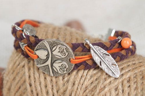 Handmade festive bracelet leather unusual accessory beautiful wrist jewelry - MADEheart.com