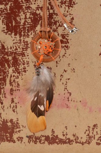 Handmade Dreamcatcher pendant made of wood with natural feathers orange whirl - MADEheart.com