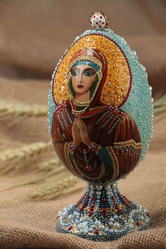 Handmade wooden egg with painted icon of Seven Arrows Mother of God on stand - MADEheart.com
