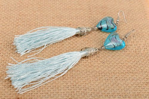 Handmade long earrings with tassels and glass beads in blue color fancy jewelry - MADEheart.com