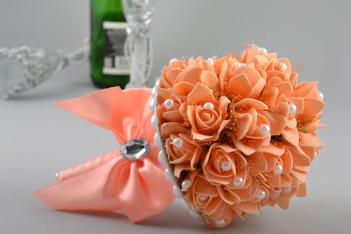 Handmade cute orange wedding bouquet made of foamiran with beads and ribbons - MADEheart.com