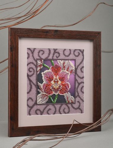 Beautiful handmade wall picture embroidered with beads in frame Orchid  - MADEheart.com
