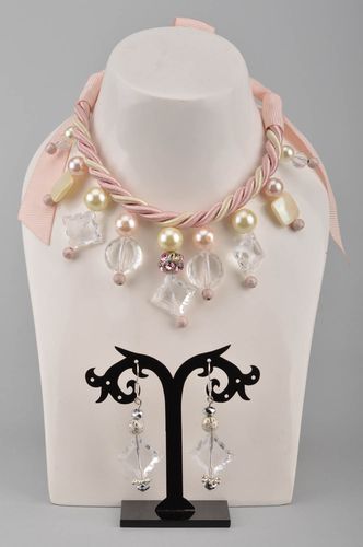 Handmade beautiful unusual set of jewelry necklace and earrings of pink shade - MADEheart.com