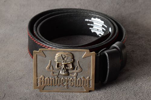 Homemade genuine leather belt with metal buckle and embossment in the shape of skull - MADEheart.com