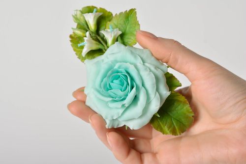 Beautiful blue handmade designer polymer clay flower hair clip with leaves - MADEheart.com