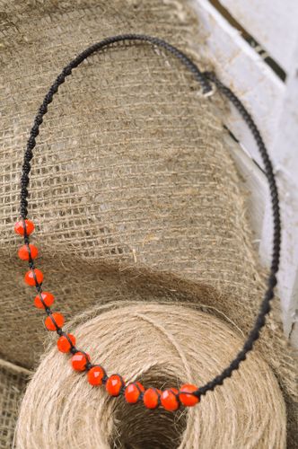 Beautiful unusual handmade textile necklace woven of black threads and red beads - MADEheart.com