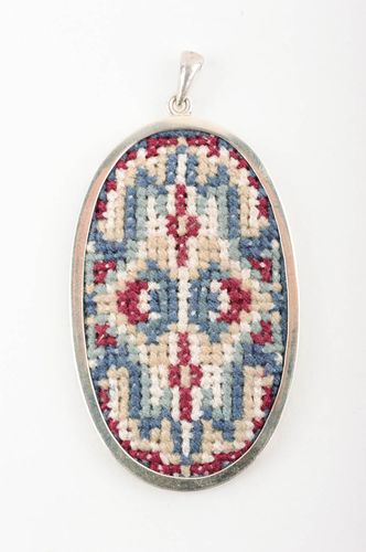 Handmade pendant with cross stitch silver frame beautiful gift pendant for women - MADEheart.com