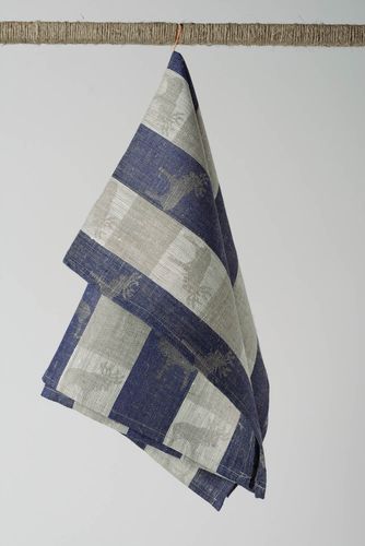 Handmade kitchen towel sewn of striped linen fabric in gray and blue colors - MADEheart.com