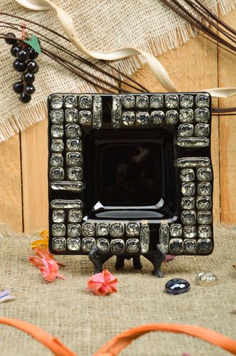 Handmade elegant designer fused glass ashtray of square shape in black color - MADEheart.com