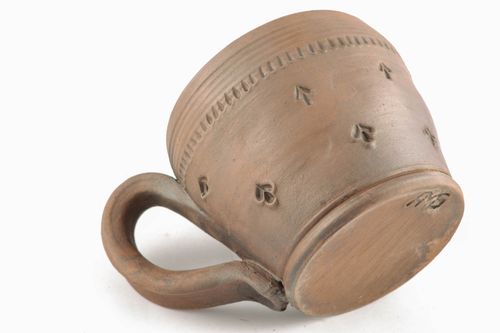 4 oz brown clay unpainted cup with rustic pattern and handle - MADEheart.com