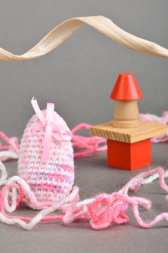 Handmade decorative soft Easter egg crocheted of pink threads with bow - MADEheart.com
