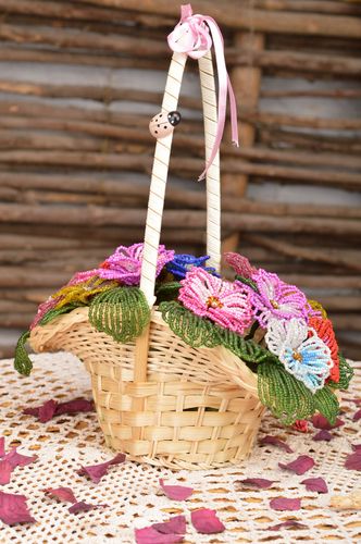 Handmade decorative basket with artificial beaded colorful flowers for interior - MADEheart.com