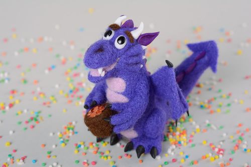 Handmade small figurine purple felted wool toy with polymer clay - MADEheart.com