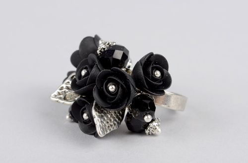 Flower ring black ring handmade polymer clay ring stylish ring women accessories - MADEheart.com