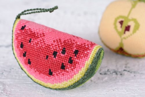 Handmade cross stitched soft pincushion in the shape of water-melon slice  - MADEheart.com