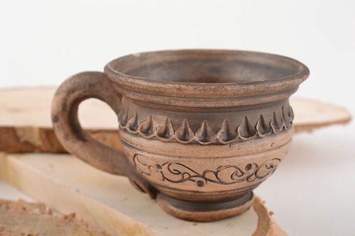 4 oz wide clay, not glazed coffee cup wшth handle and Italian classic elegant pattern - MADEheart.com