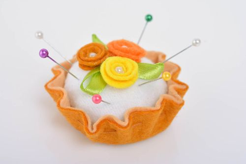 Unusual handmade designer textile felt soft pin cushion with bright flowers - MADEheart.com