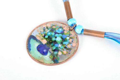 Copper pendant with enamel and ribbons - MADEheart.com