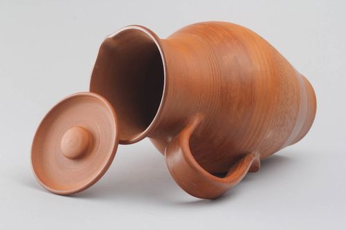 100 oz large clay terracotta pitcher with handle and lid 3,3 lb - MADEheart.com
