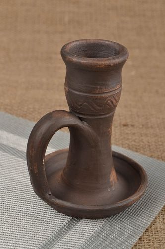 Handmade dark brown ethnic ceramic candlestick with handle polished  - MADEheart.com