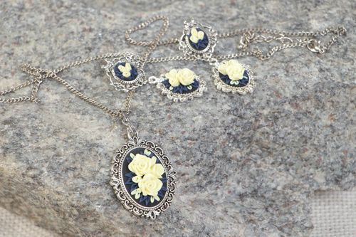 Handmade designer polymer clay jewelry set 2 items necklace and earrings Vanilla Roses - MADEheart.com