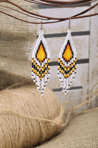 Unusual stylish light handmade earrings woven of Czech beads with fringe - MADEheart.com