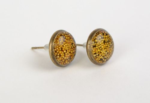 Yellow handmade round earrings with micro beads coated with jewelry resin - MADEheart.com