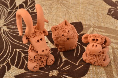 Set of handmade ceramic collectible small animal figurines lamb cat and monkey - MADEheart.com