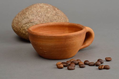 Low wide clay terracotta Mexican-style te cup molded of natural clay - MADEheart.com
